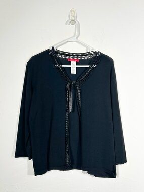 AK Anne Klein Black Cardigan Sweater Crochet Lace Trim Front Tie Bow Size M